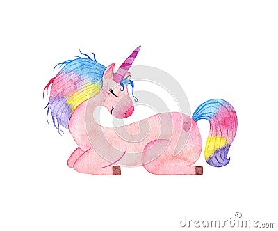 Watercolor cute magic pink unicorn with horn lies isolated on white background Cartoon Illustration