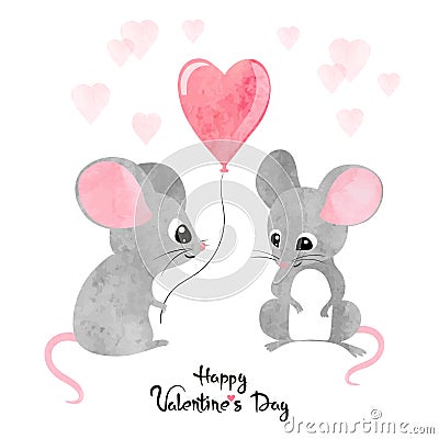Watercolor cute mice in love. Valentine`s day card Vector Illustration