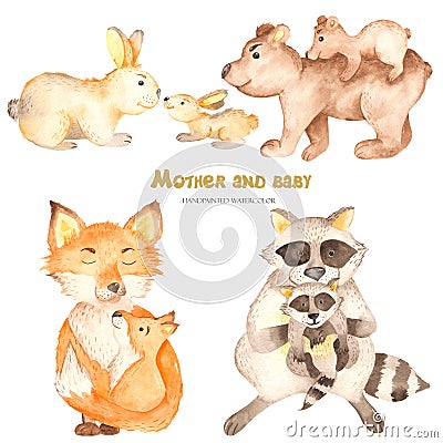 Watercolor cute mother and baby fox, bear, rabbit, raccoon. Stock Photo