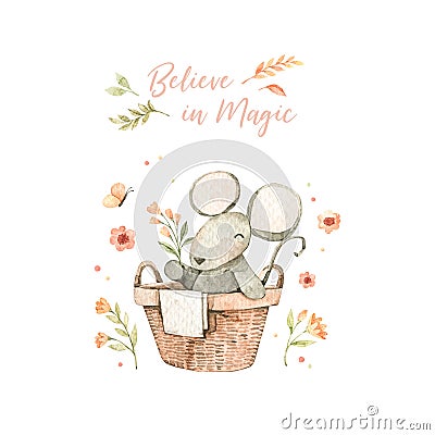 Watercolor cute mouse, flowers, butterfly. Believe in magic - lettering quote. Wild flowers blossom and character. Children room Stock Photo