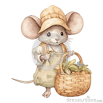 Watercolor Cute Mouse With Hat and Clothes Carry Vegetable Bag Vector Illustration