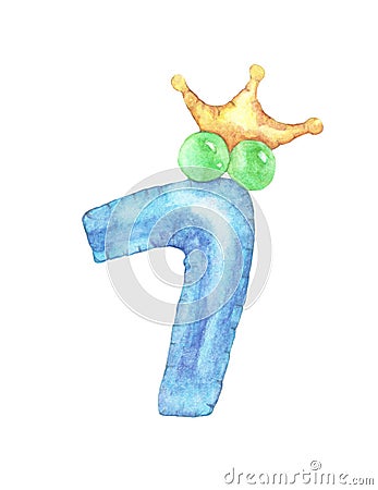Watercolor cute number 7. number seven with crown. Cartoon Illustration