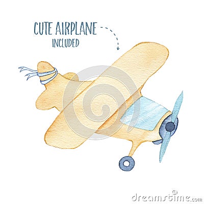 Watercolor cute orange plane airplane toy for baby boy kid Cartoon Illustration