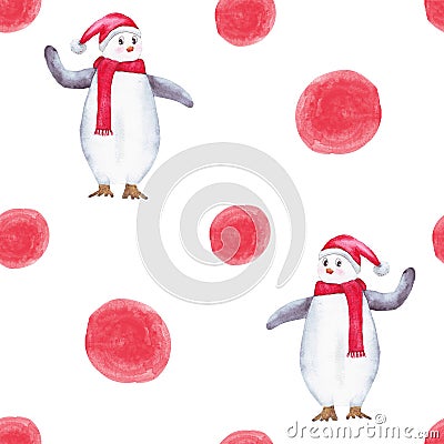 Watercolor cute penguin wearing a santa claus hat and a red scarf seamless pattern with red circles Stock Photo