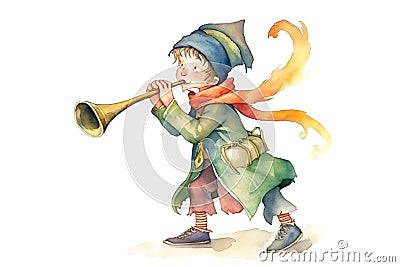 Watercolor cute the pied piper of hamelin cartoon, concept of Childhood fables, created with Generative AI technology Stock Photo