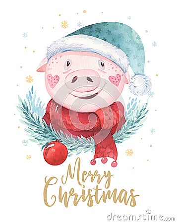 Watercolor cute Pig symbol 2019 illustration. Isolated funny cartoon ping animal Happy Chinese New Year piggy art. Cartoon Illustration