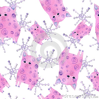 Watercolor cute pink pigs and light violet snowflakes seamless pattern Stock Photo