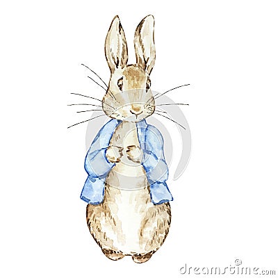 Watercolor cute rabbit in a blue jacket Stock Photo