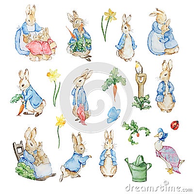 Watercolor cute rabbits in a blue jacket Stock Photo