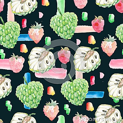 Watercolor cute seamless pattern baby tropical fruits and spot, stroke. Stock Photo
