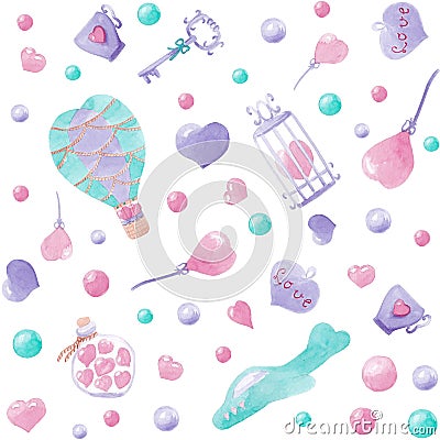 Watercolor cute seamless pattern. Hand drawing turquoise, pink and lilac illustration on a white background. For a Cartoon Illustration