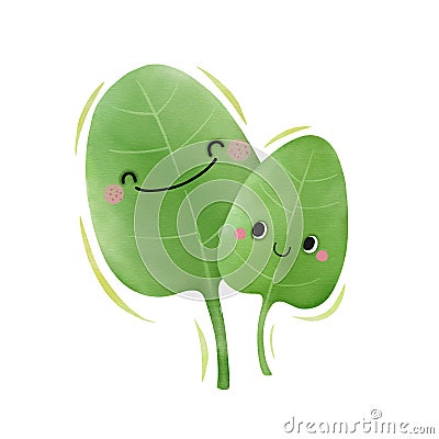 Watercolor cute spinach leaves cartoon character. Vector illustration Vector Illustration