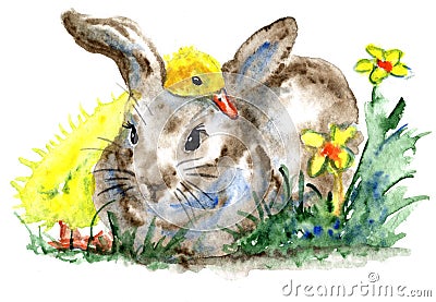 Watercolor Cute Spring Bunny and Duckling Cartoon Illustration