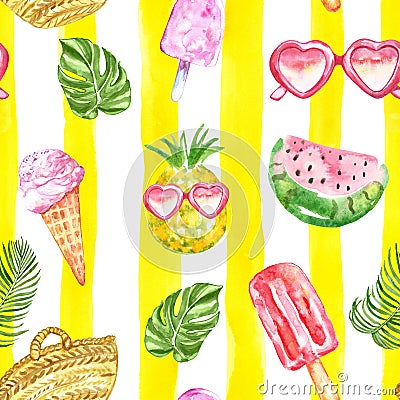 Watercolor cute summer seamless pattern. Hand painted exotic pineapple fruits and berry popsicle, heart shaped sunglasses, Stock Photo