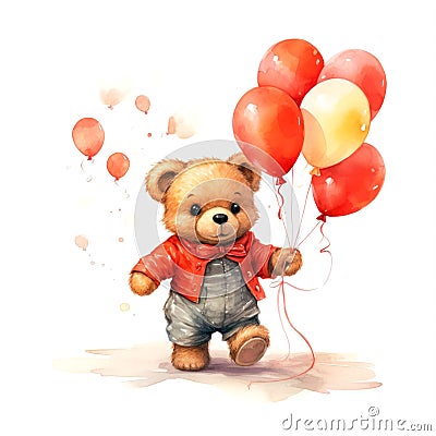 Watercolor of a cute teddy bear walking and holding a group of balloons. AI generative illustration Stock Photo