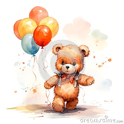 Watercolor of a cute teddy bear walking and holding a group of balloons Stock Photo