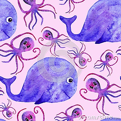 Watercolor cute whale and octopus seamless pattern. fun pattern for kids. underwater world Stock Photo
