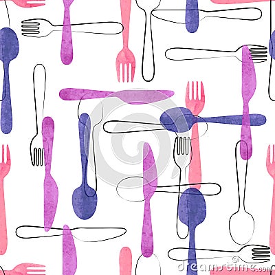 Watercolor cutlery seamless pattern in pink and purple Vector Illustration