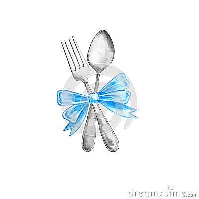 Watercolor cutlery, silver, spoon and fork with bow Stock Photo