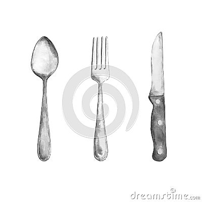 Watercolor cutlery, spoon, fork, knife Stock Photo