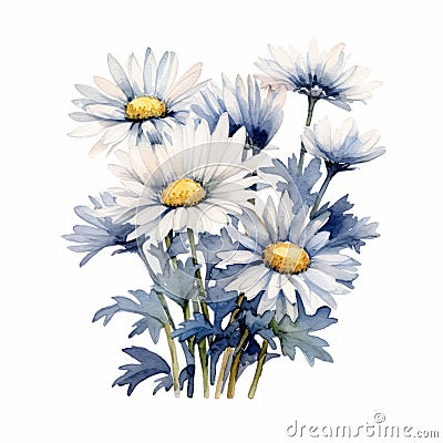 Blue Watercolor Daisies Painting On White Background Cartoon Illustration