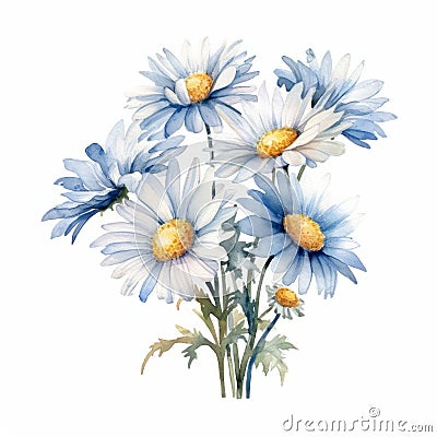 Watercolor Daisy Arrangement Clipart In Denim Blue Hues On Isolated White Background - 8k Stock Photo