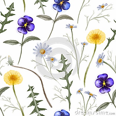 Watercolor dandelion, chamomile, pansies flower vintage seamless pattern Vector Illustration