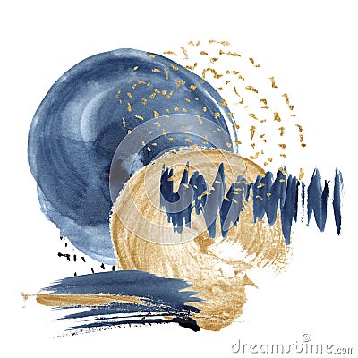 Watercolor dark blue and gold abstract card. Hand painted underwater card with circle ocean texture. Marine illustration Cartoon Illustration