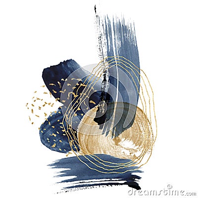 Watercolor dark blue and gold abstract linear card. Hand painted underwater card with circle ocean texture. Marine Cartoon Illustration