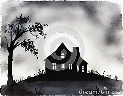 Watercolor of A dark eerie silhouette of a haunted house against a misty night sky background with empty space for text Stock Photo