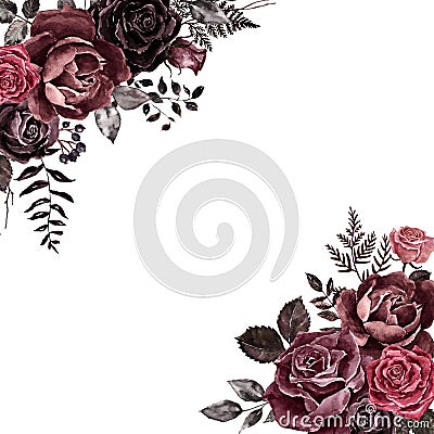 Watercolor dark red, burgundy, marsala and black roses floral border, vintage Victorian gothic style. Floral frame Stock Photo