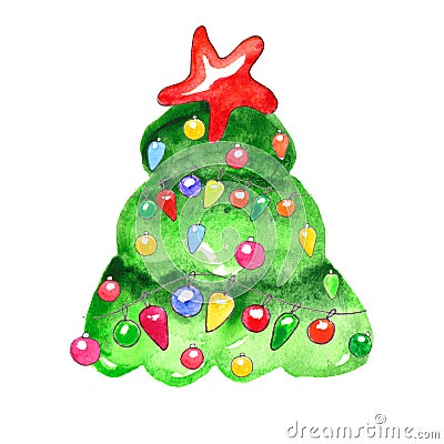 Watercolor decorated Christmas tree isolated on white background Stock Photo