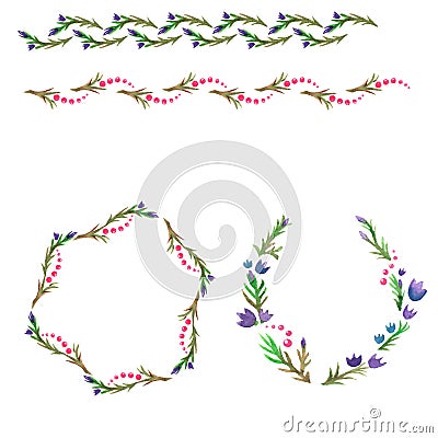 Watercolor decorative elements with blue and pink flowers and berries Stock Photo