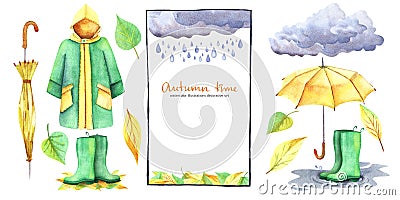 Watercolor decorative set of autumn illustrations isolated on white background. Thematic frame, waterproof costume, leaves and Cartoon Illustration