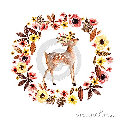 Watercolor deer fawn among flowers isolated on white background. Cartoon Illustration