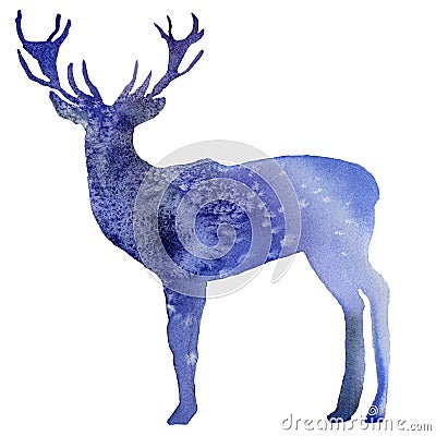 Watercolor deer snow shilouette isolated Stock Photo