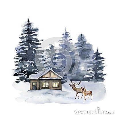 Watercolor deers and house in winter forest. Hand painted Christmas illustration with animals and fir trees isolated on Cartoon Illustration