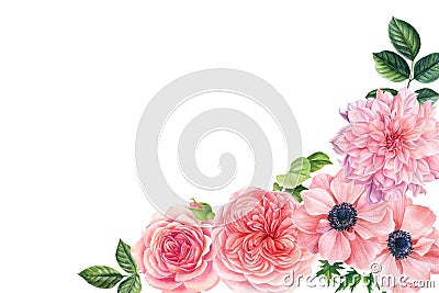 Watercolor delicate flowers anemones, dahlia, roses. Greeting card, holiday invitation on a white background. Cartoon Illustration