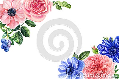 Watercolor delicate flowers anemones, dahlia, roses. Greeting card, holiday invitation on a white background. Cartoon Illustration