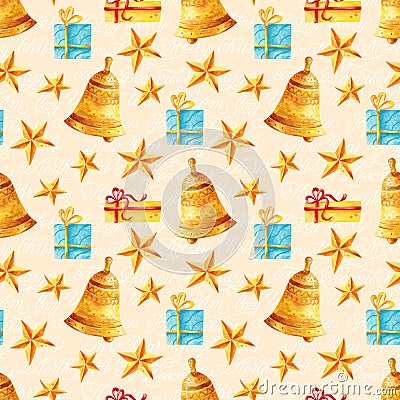 Watercolor Christmas seamless pattern with calligraphy words and phrases, golden bells and gifts in a beige background Stock Photo