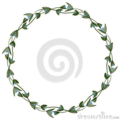 Watercolor delicate wreath of abstract blue flowers and intertwined leaves on a white background. Stock Photo