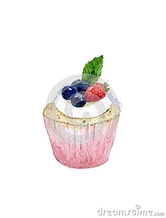 Watercolor delicious cupcake with strawberry and blackberry. Hand drawn food illustration, isolated on white background. Cartoon Illustration