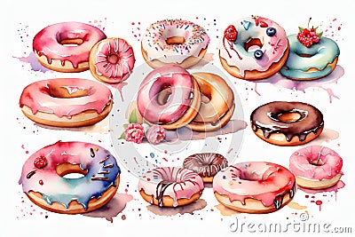 Watercolor Delicious Donuts Collection. Vintage sweet dessert food for birthday Stock Photo