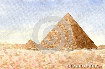 Watercolor desert landscape with egypt pyramids for cards design, decor and posters Stock Photo