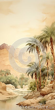 Watercolor Desert Landscape With Palm Trees - Layered And Atmospheric Oasis Painting Stock Photo