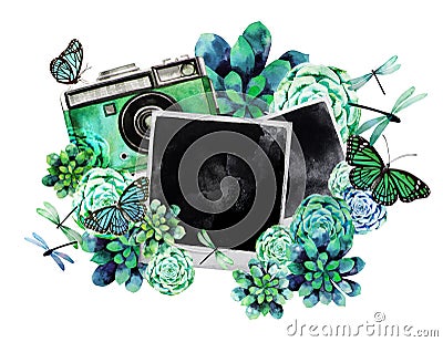 Watercolor design with succulents and photo Stock Photo