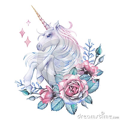 Watercolor design with unicorn and rose vignette Stock Photo