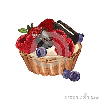 Watercolor dessert with wildberries, baked tart with raspberry, blueberry and strawberry. Hand-drawn illustration Cartoon Illustration