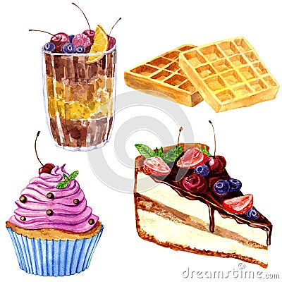 Watercolor desserts with berries Vector Illustration