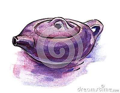 Watercolor detailed sketch of purple teapot isolated on white background. Chinese ceramic kettle for tea ceremony. Hand drawn Cartoon Illustration